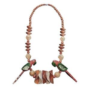 Vintage Wood Parrot Necklace 13" Brown Red Beaded Chunky Birds Retro Indie Boho